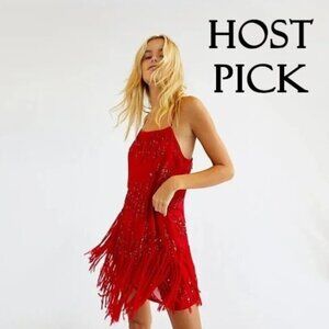 NWT Free People red fringe trim sequin embellished mini dress, XS